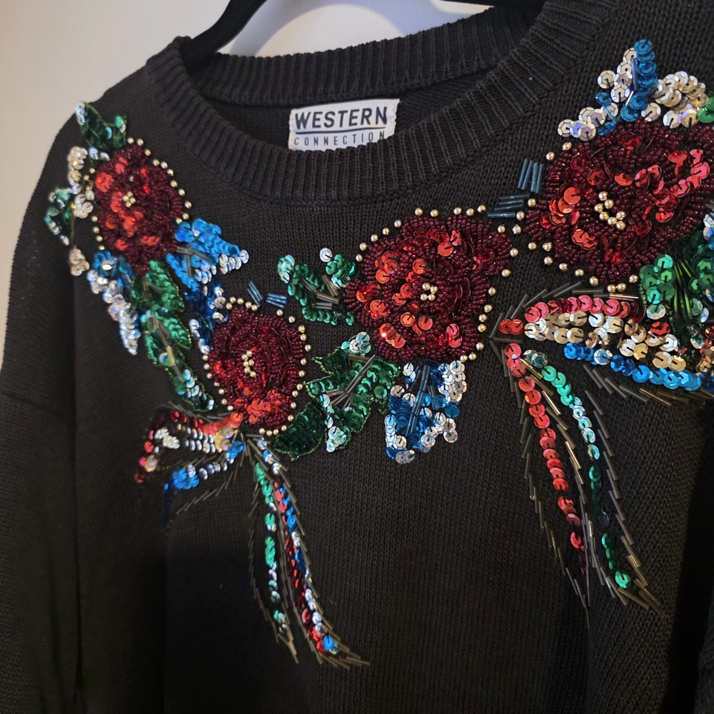 Western Connection Sequin Floral Sweater Black Oversized Embellished Knit Medium